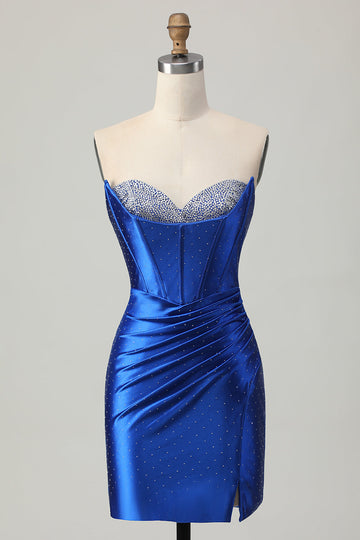 Beaded Strapless Tight Royal Blue Homecoming Dress with Slit